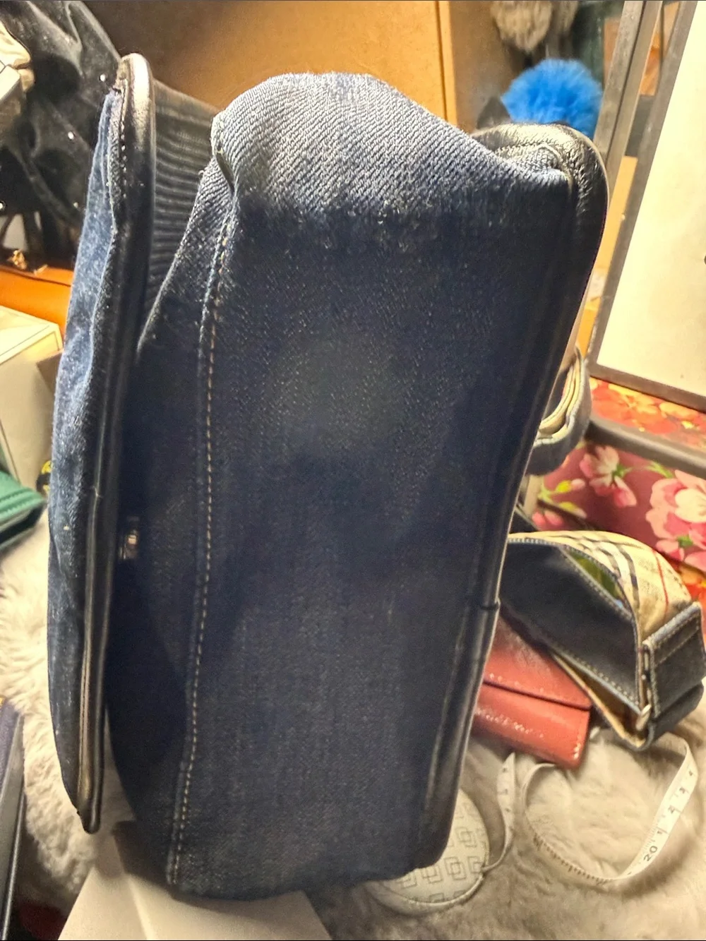 Burberry Blue Denim Messenger Bag with Beige Check Strap
